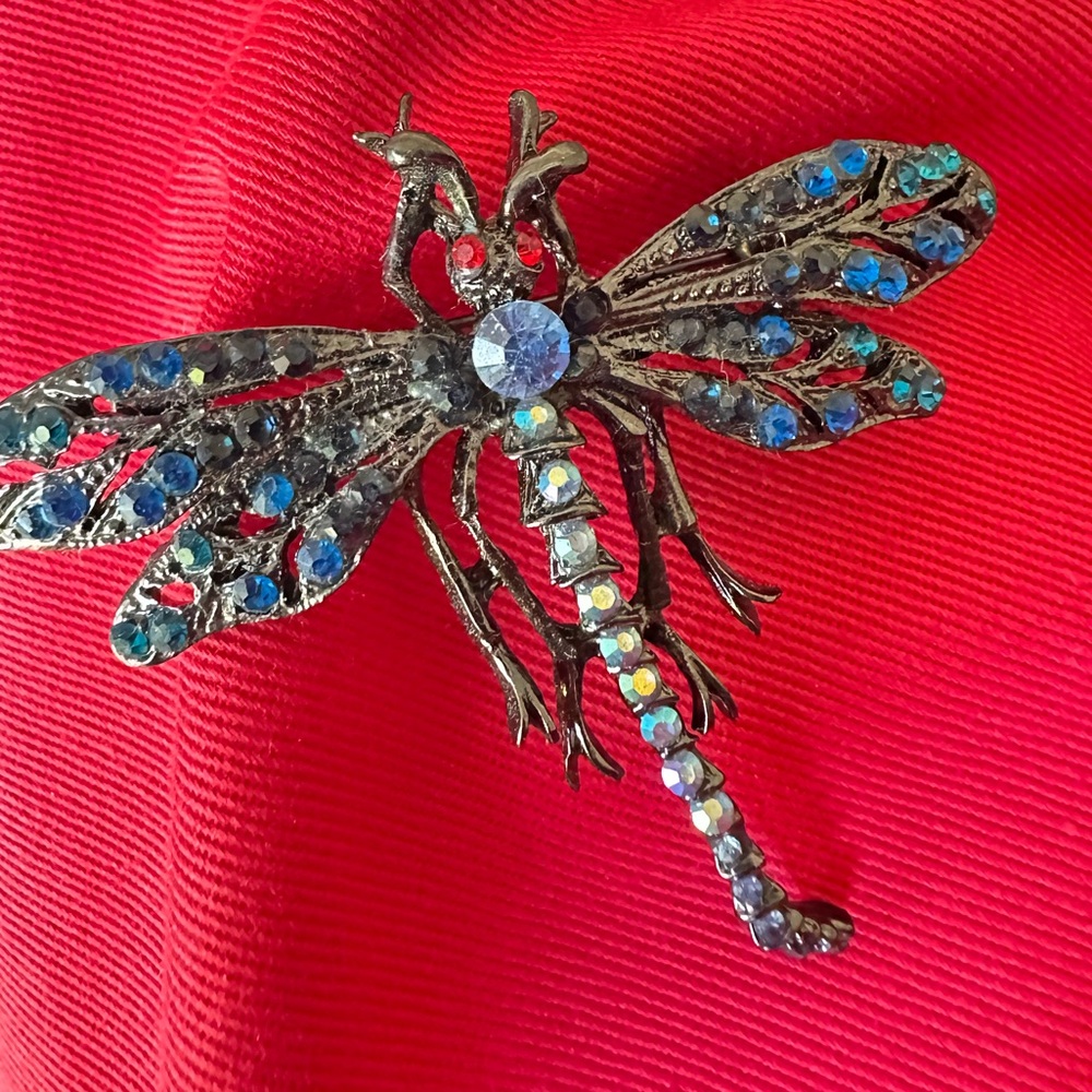 Dragonfly Rhinestone Pendant Brooch- Blue -Vintage Style -Pin